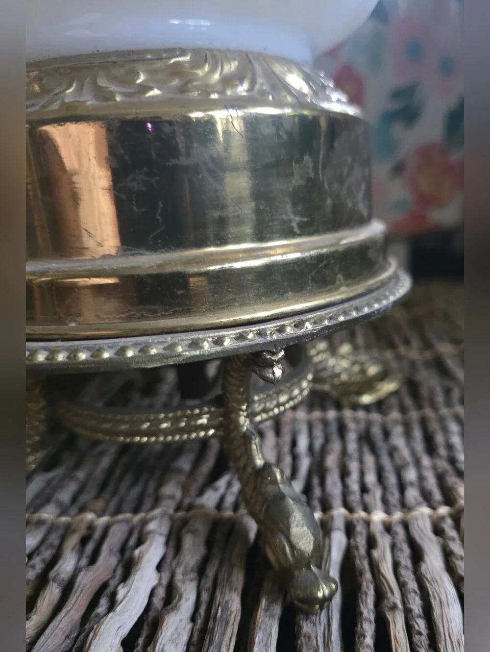 Milk Glass Table Lamp Base with White Floral Cutwork - Needs Rewiring